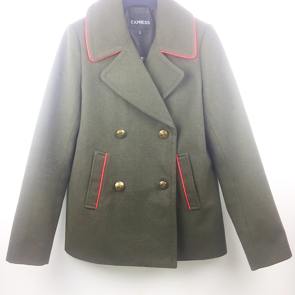 New Express Green Double Breasted Wool Pea Coat